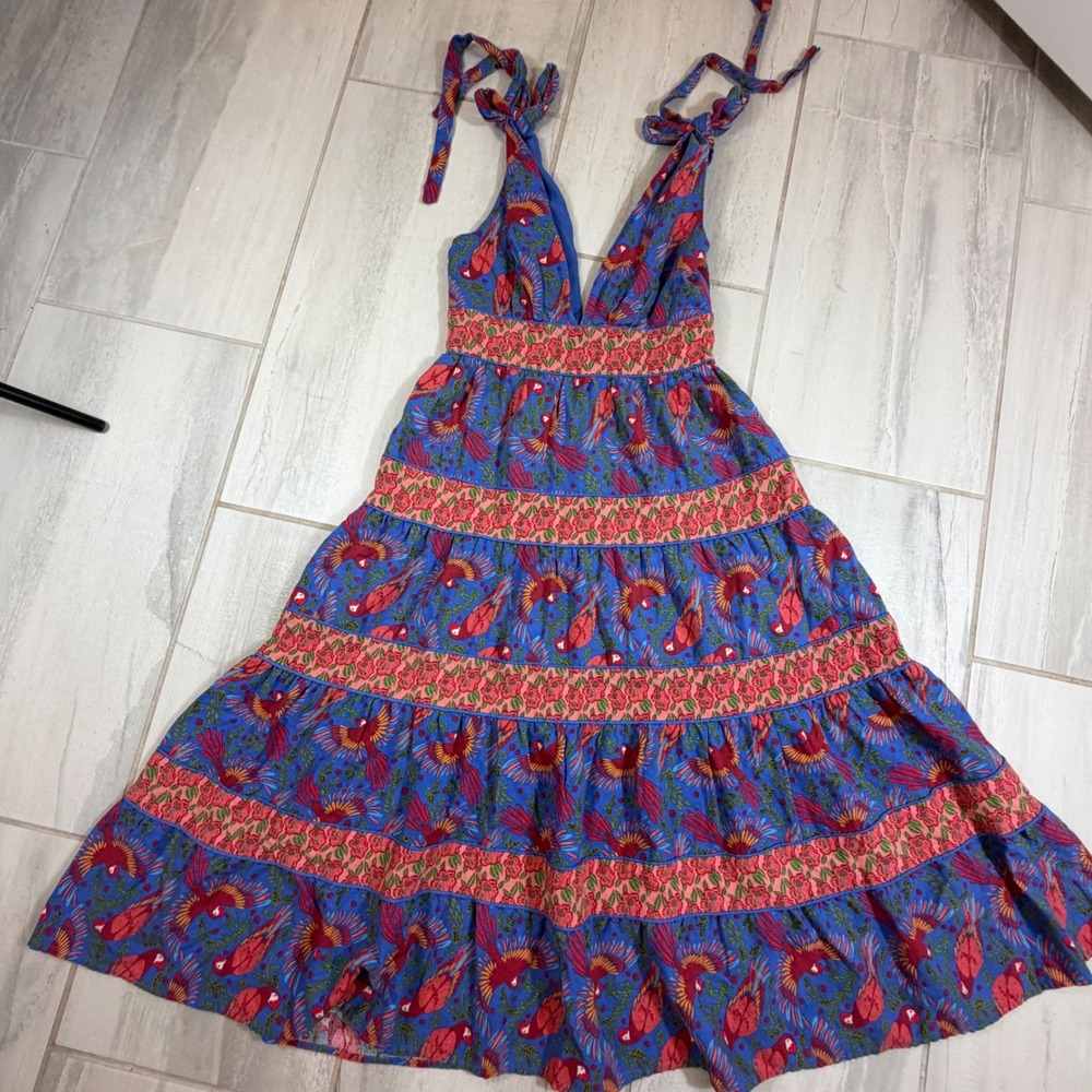 House of Harlow 1960 Blue Parrot Print Tiered Linen Blend Midi Dress Small - Picture 5 of 9